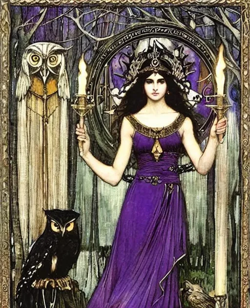 Prompt: hecate in the style of =>art john william waterhouse, =>beautiful face and clear eyes, =>holding two lit torches one in each hand, =>silver rayed crown on her head, =>cresent moons and skeleton keys, =>owls, =>wearing purple dress