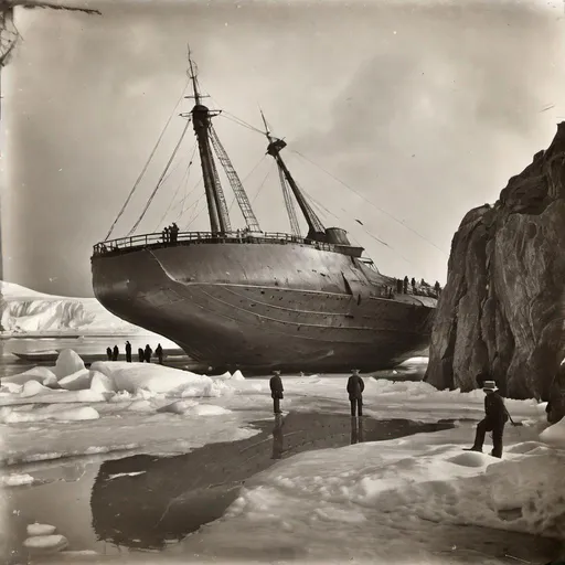 Prompt: 19th century Photograph of Explorers posing with giant ancient alien crashed ship in Antarctica. Black and white photo, realistic, antique, dust scratches