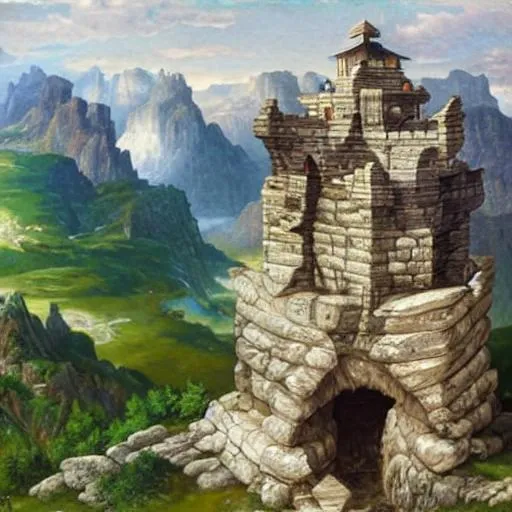 Prompt: a fortress between two rock faces, fantasy art