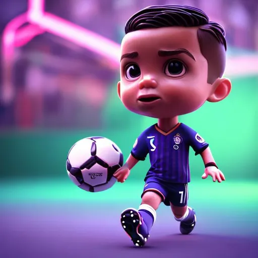 Prompt: tiny cute Cristiano Ronaldo football doll, big brown eyes, soft smooth lighting, soft pastel colours, skottie young, 3d blender render, physically based rendering, square image, funky neon patterned background, hyper realism,
