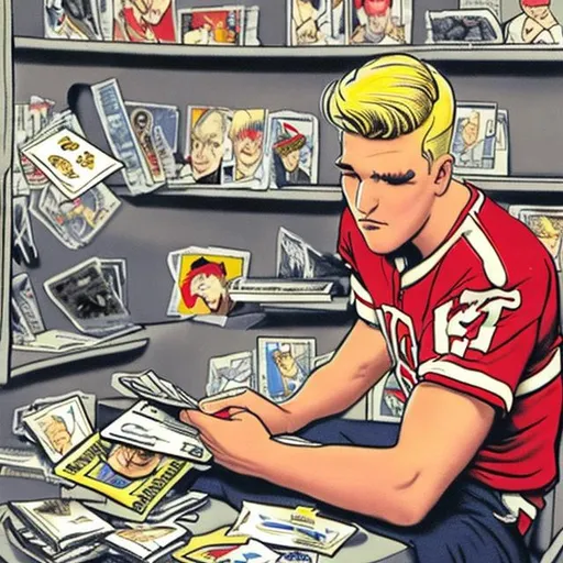 Prompt: Make me a blonde cartoon. He is looking through sports cards. 