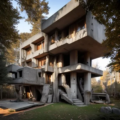 Prompt: cozy brutalist architecture tree house