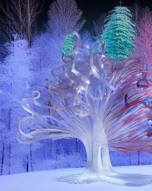 Prompt: kinetic sculpture of ice crystals and trees | snowflakes, sharp focus, hyper-realistic, hyper-detailed, photo-realistic, colorful, 16k | ted nasmith, anna dittmann, dale chihuly, gustave dore | winter