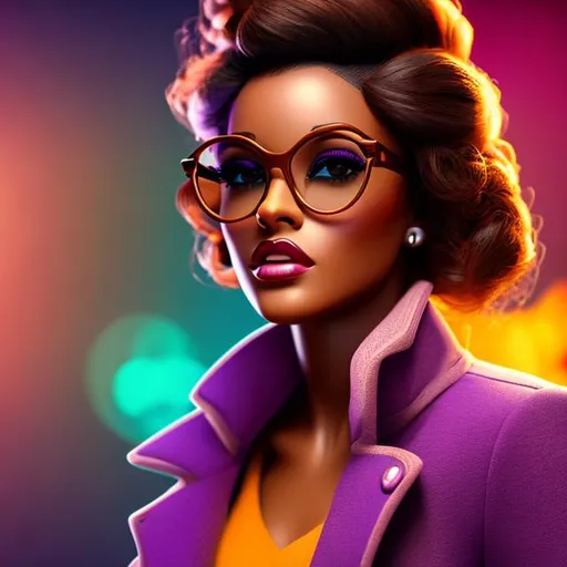 Prompt: Warm colors, 3D, HD, Epic, Gritty, pin-up girl with brown skin wearing purple, glasses 