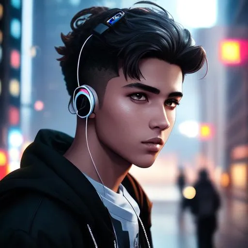 Prompt: (((a medium shot of a young man wearing urban streat wear clothing with earphones))). (((In a cyberpunk version a 1980s city))). (((The medium shot of the young man should have dramatic lighting))), intricate details, poster like, model pose, hyper realistic, and amazing renders, strong bokeh, (((trending on artstation)))