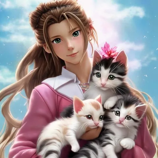 Prompt: Aerith from Final Fantasy holding some kittens