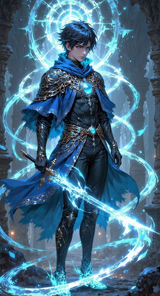 Prompt: ((short skinny teen man)) as a ((magical duelist)) with ((masculine short black hair)), ice blue eyes, dressed in ornate ice blue layered textured revealing duelist gear, left hand holding ((magic rapier)). he is in battle stance.

icy windy skies, high contrast lighting, ((wide length camera)), long distance , eye-level shot, left side angle, wide depth of field. film grain, film textures.

Overall feeling of freedom. The background is a high detailed enchanted ice spikes cavern, filled with ice shards.