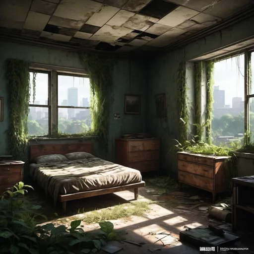 Prompt: Abandoned apartment interior overgrown with vegetation, The Last of Us video game style, desolate, decaying furniture, cracked walls, eerie atmosphere, high-quality, realistic, detailed, The Last of Us, overgrown, abandoned, desolate, decaying, eerie, atmospheric lighting, realistic, detailed textures