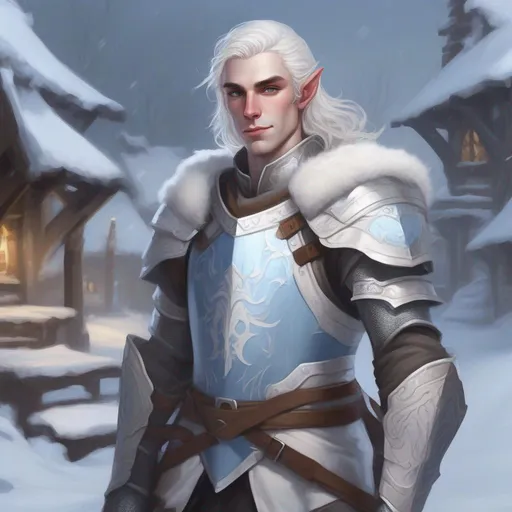 Prompt: DND a pale male elf with medium length wavy white hair and pale blue eyes wearing plate armor in a snowy village