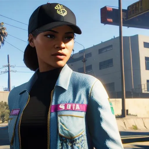 Prompt: Zendaya in GTA V, beautiful sunny day, Los Santos