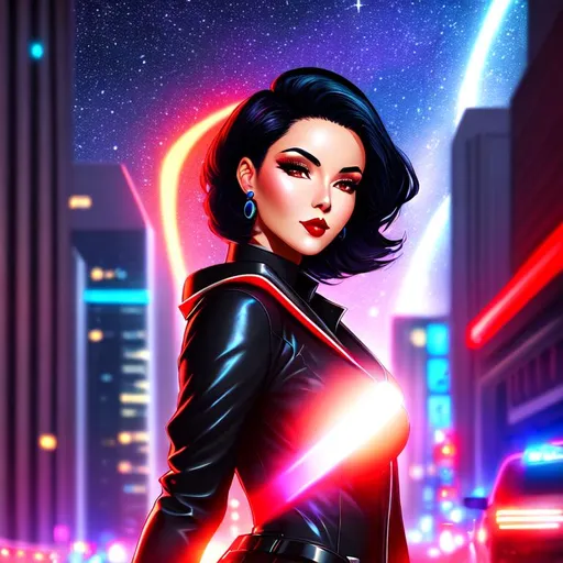 Prompt: 3/4 view of a woman, short black and blue hair, ivory skin, red lipstick, backlit, digital painting, sci-fi, adventurer, nighttime background, city street, stars, light trails, vaporwave