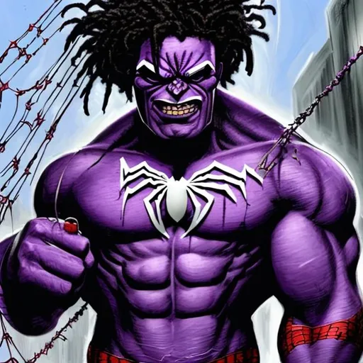 Prompt: Purple hulk with spiderman web on dreadlocks