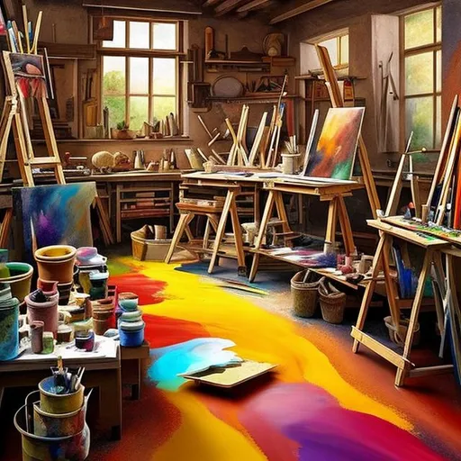 Prompt: Photo of a painter's workshop. Color flows out of the paintings. The floor is full of colors. 