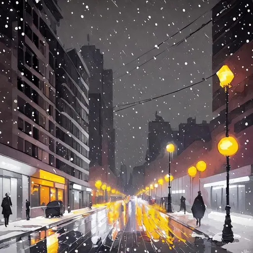 Prompt: Art Deco styled city at nighttime. It is snowing and the streetlights are emitting a warm glow on the street and sidewalk.