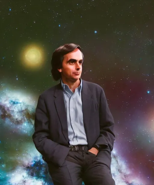 Prompt: photo realistic portrait of young Carl Sagan looking at the starry night sky, ideal human, 85mm lens, f8, photography, ultra details, natural light.