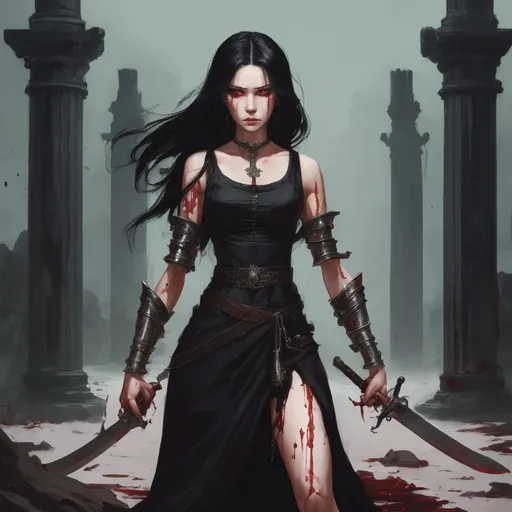 Prompt: A young warrior woman, with black hair and green eyes, dressed in a black dress with silver shackles around her arms. She stands on the bones of her enemies, with two swords in both hands. Tears of blood run down her face from the pain.


