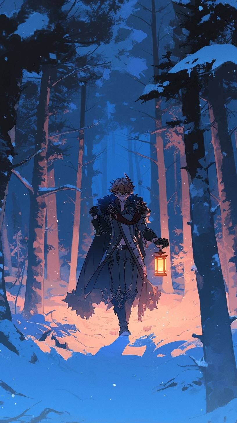 Prompt: tartaglia from genshin impact, in a dark forest with wide trunks, fur and pine trees only, very dark, you can see him and the lantern beam emiting from the lantern he is hold, he is looking for you, you are lost, blizzard, dark, --ar 9:16 --niji 6