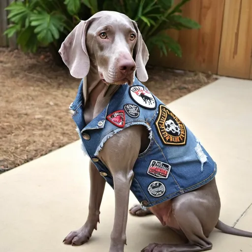 Prompt: weimaraner wearing a heavy metal music denim vest with patches