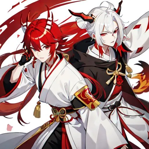 Prompt: White and red hair samurai handsome man with kyubi mask and red horns wearing gold and black armor