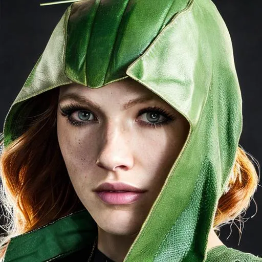 Prompt: kat mcnamara as the green arrow, blonde, green arrow, hood, mask