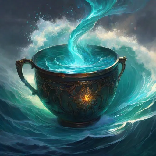 Prompt: ocean flowing out of magical cup, waves, sea, glowing, magic, dark,  dungeons and dragons, magic the gathering, fantasy art, fantasy, wizard,, concept art, , artstation, award winning, painting, watercolor, 