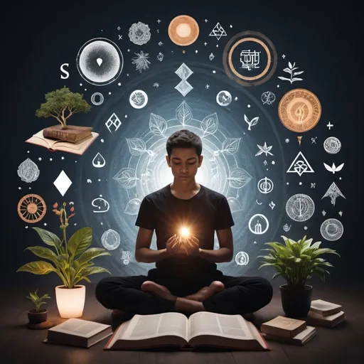 Prompt: A person sitting in a contemplative pose, surrounded by symbols of introspection and growth. This could include images like books, plants, or symbolic elements that represent personal discovery.