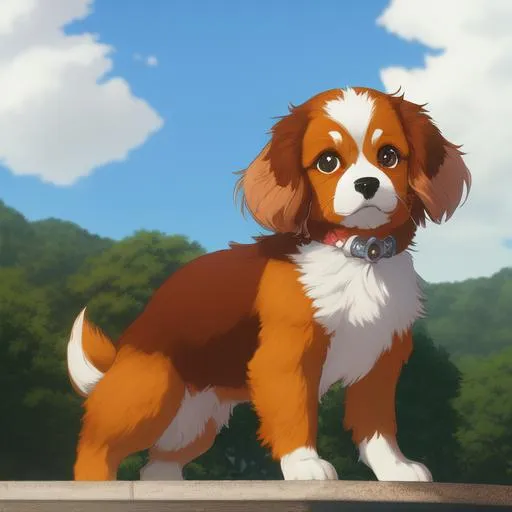 Prompt: Makoto Shinkai anime style, vivid colours, HDR,  Cavalier King Charles,  puppy, brown and white
