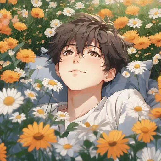 Prompt: close up shot, anime, boy, lying in a bed of flowers, headshot, deliriously happy