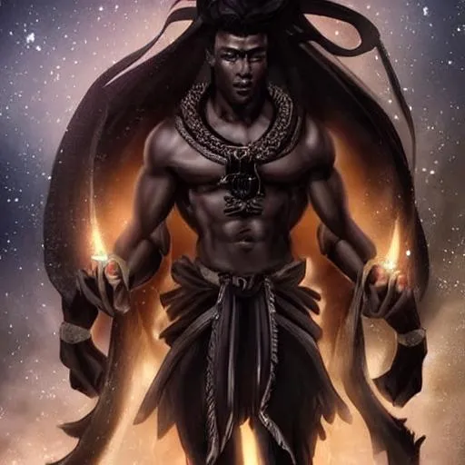 Prompt: fantasy, powerful, beautiful lighting, Dark skin male, extremely muscular, 6 foot 4, , dressed in  flowing robes,  leather strapped sandals,  smooth ebony skin and black eyes deep like a sea of stars