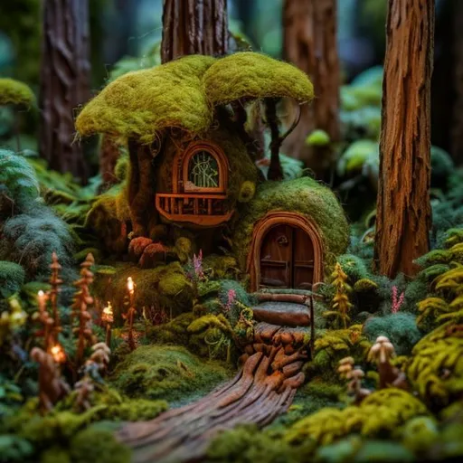 Prompt: needle-felted scene, giant, redwood forest, isometric, tree, covered with moss and vines, lush green jungle, small redwood, with tiny door. The forest is covered with moss and vines, with tiny people, it's hard to hear , realistic, 8k, ultradetailed, dark atmospheric lighting, photorealistic, intricate detail, HD,