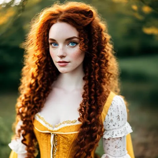 Prompt: Raw hd 
Cottagecore scotland lass red long curly hair, yellow ambar eyes, pale skin with freckes 
Dressing like 18th century gown