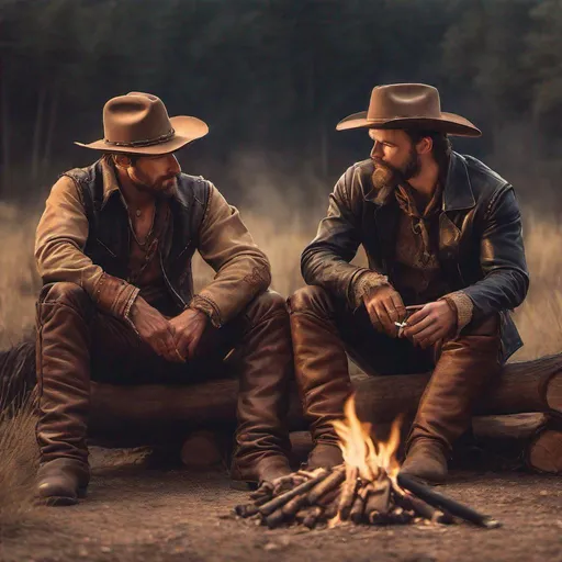 Prompt:  two cowboys with a short beard wearing leather pants, leather gloves, leather shirt, bandana, sitting at a campfire at dusk, smoking a cigarette, rugged western style, high quality, realistic, warm lighting, detailed textures, dramatic composition, classic cowboy