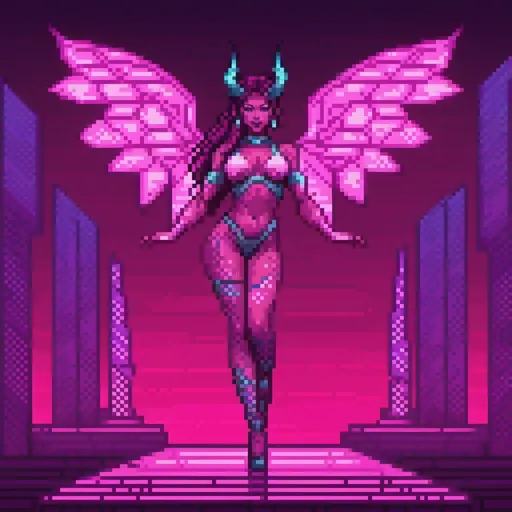 Prompt: a beautiful female demon in a dynamic pose in a retro futuristic synthwave cyberpunk neon paradise.  neon lighting, high quality, beautiful, masterpiece, artistic, synthwave, cyber, retro, futuristic