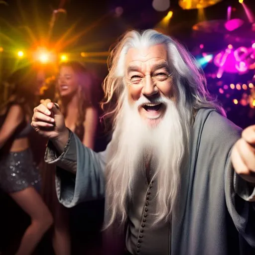 Prompt: gandalf very drunk in nightclub big smile, dancing wildly with many women, full body