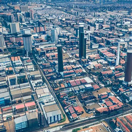 Prompt: aerial view of a large industrial city with tall buildings and streets 
