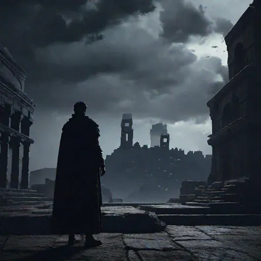 Prompt:  dark sky, with shadows creeping across an ancient and mysterious city. The silhouette of a young protagonist stands in the center, with a look of determination and curiosity in his eyes. Realistic, Cinematic. 8k