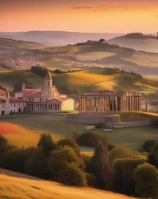 Prompt: In the golden hour of sunrise, a wide-angle lens captures an expansive landscape with rolling hills and a colorful sky, while a cityscape emerges in the distance. The architectural details of ancient buildings add a touch of history to the scene.