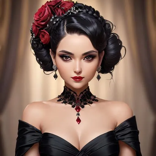 Prompt: Beautiful woman portrait wearing a black evening gown, ruby jewelry,elaborate updo hairstyle adorned with flowers, facial closeup