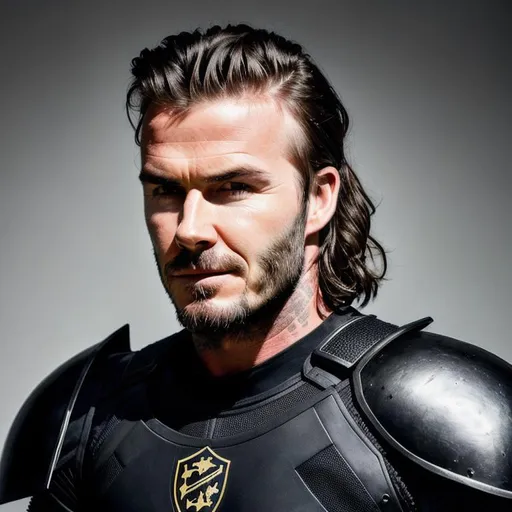 Prompt: Photo realistic bust shot of a david beckham wearing black armor, with jet black fade-style wavy hair and a short tapered jet black beard, detailed eyes the color of blood, dark smokey background 