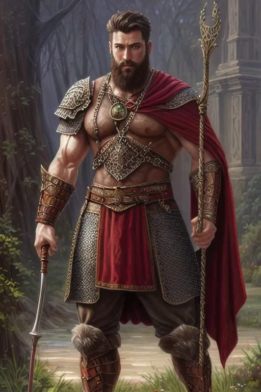 Prompt: oil painting, male fantasy character, medium musculature, hairy, very handsome, short hair and beard, chain mail, crimson clothing, wielding a quarter staff.