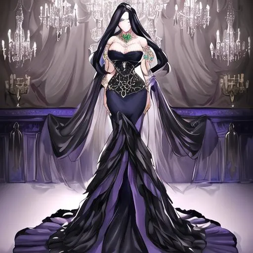 Prompt: Create a stylish and elegant outfit for a woman attending a high-end gala. The outfit should include a long, flowing dress with intricate details and a form-fitting silhouette. The color palette should be a mix of deep jewel tones, such as emerald, sapphire, and amethyst. Accessorize with statement jewelry, like chandelier earrings or a chunky statement necklace, and pair with strappy high heels in a metallic finish. The overall look should exude sophistication and glamour, while still being comfortable enough to wear throughout the evening.