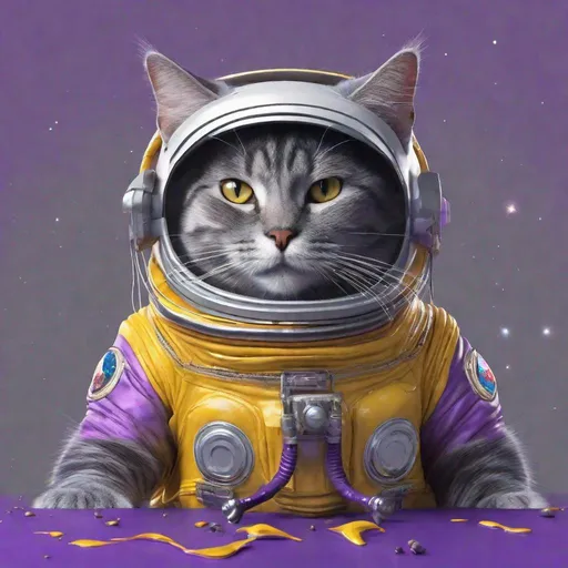 Prompt: Brilliant Striking image of a gray cat in a space suit with the name Ricky. Floating through empty space holding a stick of butter. Exquisite Detail Everything is perfectly to scale, HD, UHD, 8k Resolution, Vibrant Colorful Award winning Image with a purple color scheme