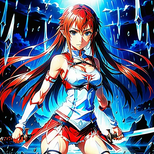 Prompt: Anime illustration of Asuna, full body, wet body, see-through pantie, intense gaze, high-quality, anime style, detailed eyes, sleek design, professional, atmospheric lighting, intense red and blue tones, fantasy setting, sword, wet hair, detailed skin texture