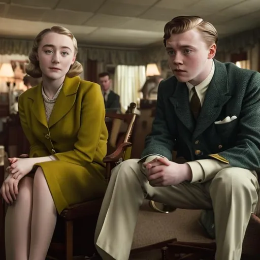 Prompt: Saoirse Ronan and Jack Lowden as an 1950s era Hollywood actors looking at you sitting on director’s chair.