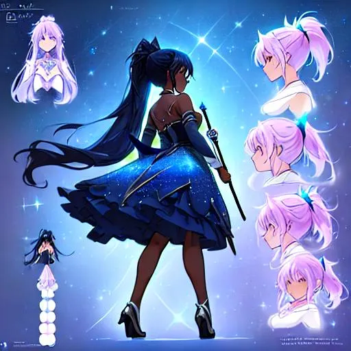 Prompt: A character sheet of an anime magical girl with  hair and dark skin, long hair, covered in stars. blue accents on outfit. holding a wand, Concept Art. puffy skirt. ballet inspired. Madoka magica inspired. reference sheet,   different poses, concept sheet, side profile, back proflie, beautiful face, ponytail, highly detailed, clear face and body