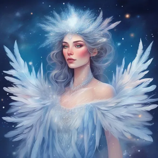 Prompt: Colourful and beautiful ice queen Persephone with snow feathers for hair, wearing a dress made of snow feathers, framed by constellations, snow and the moon in outer space in a dreamy painted style 