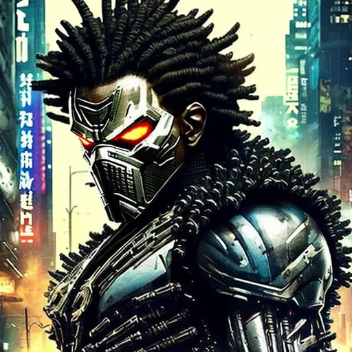 Prompt: Focused. Sharp. 4k. Afro hair. All Might punisher spawn. Afro. all-black camo. Full body. Imperfect, Gritty, futuristic army-trained villain. Half face mask. Bloody. Hurt. Damaged. Accurate. realistic. evil eyes. Slow exposure. Detailed. Dirty. Dark and gritty. Post-apocalyptic Neo Tokyo .Futuristic. Shadows. Sinister. Armed. Fanatic. Intense. 