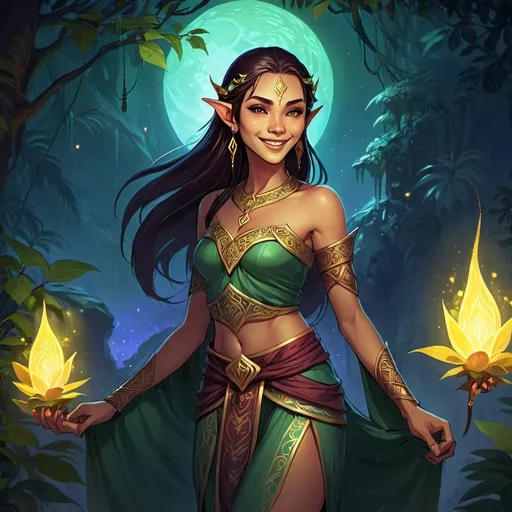 Prompt: Full body, Fantasy illustration of a malayan elf, beautiful, bright shining skin, dark hair, colorfull traditional garment mysterious expression, smiling, high quality, rpg-fantasy, mystical lighting, detailed, djungle background, nighttime, illustrated, art