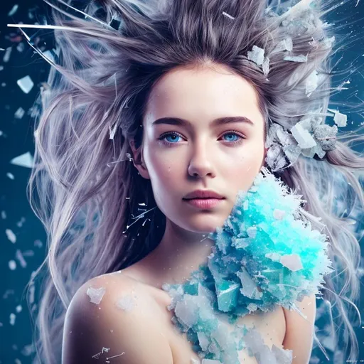 Prompt: Pretty girl with hair fragmenting crystals