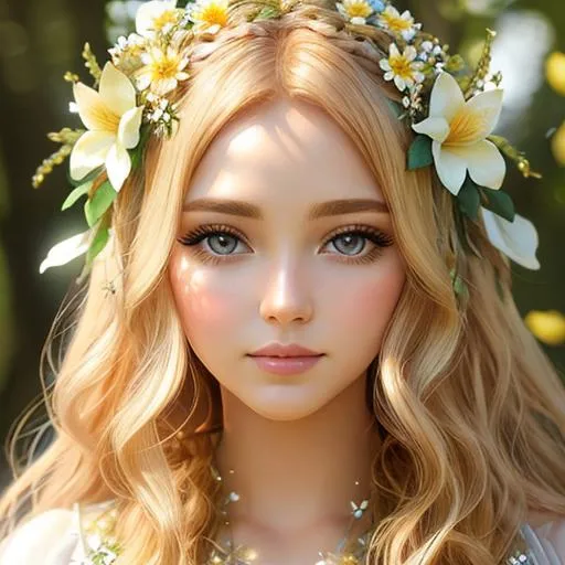 Prompt: fairy goddess of Springtime with golden hair with flowers woven into her hair, ethereal, facial closeup